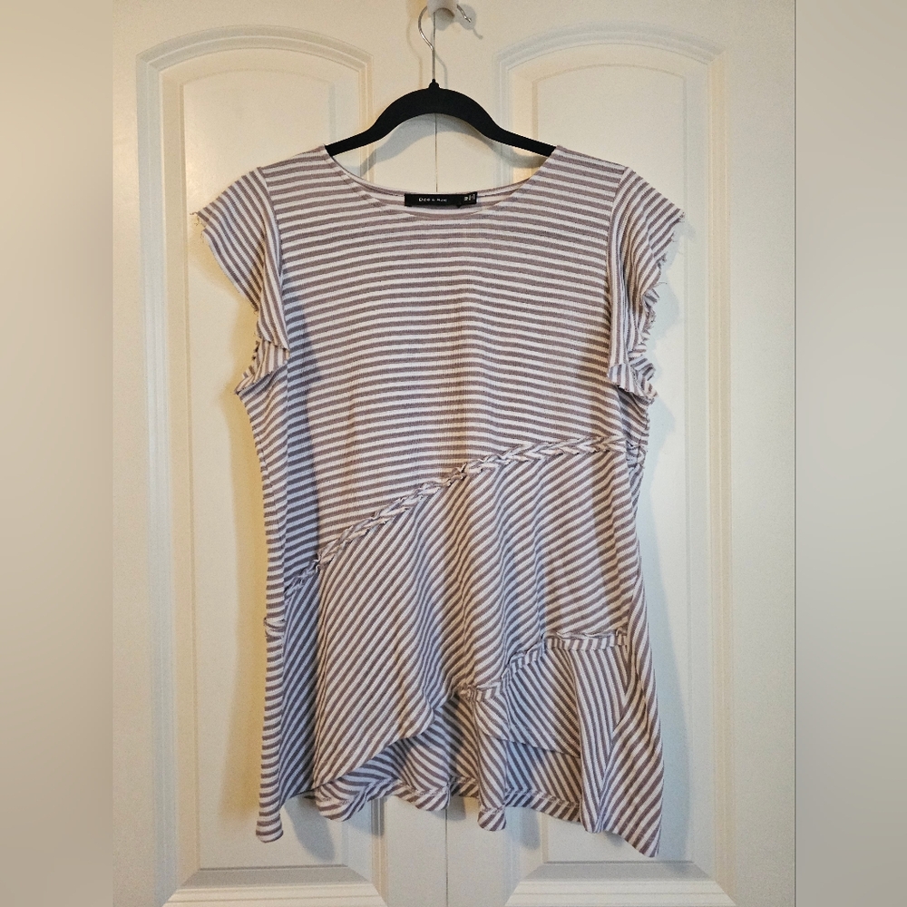 DOE & RAE Womens Cream & Brown Striped Cap Frayed  Short Sleeve SZ M